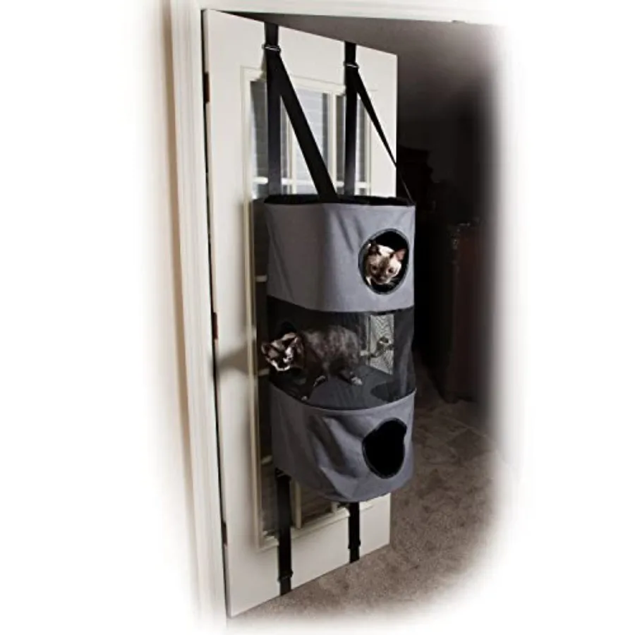 Hangin Cat Tree Condo 3 Level Door Mounted Cat Furniture Space Saving Mesh Level Peep Holes Interconnecting Levels Collapsible