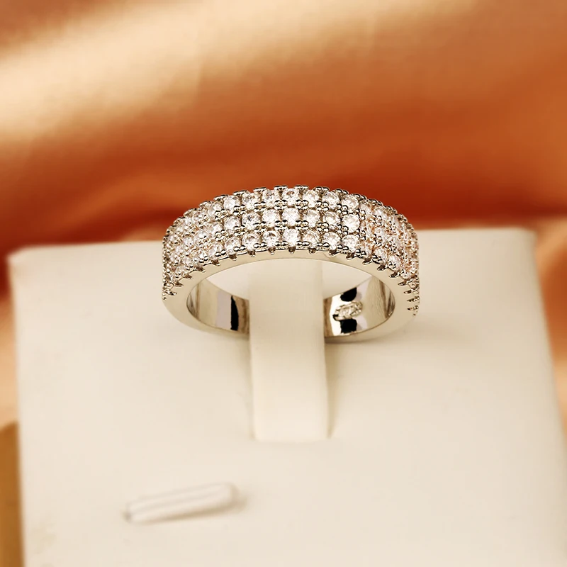

Simple Super Flash Double Layer Three Rows Full Diamond Couple Ring For Women Zircon Silver Plated Valentine's Day Gift Jewelry