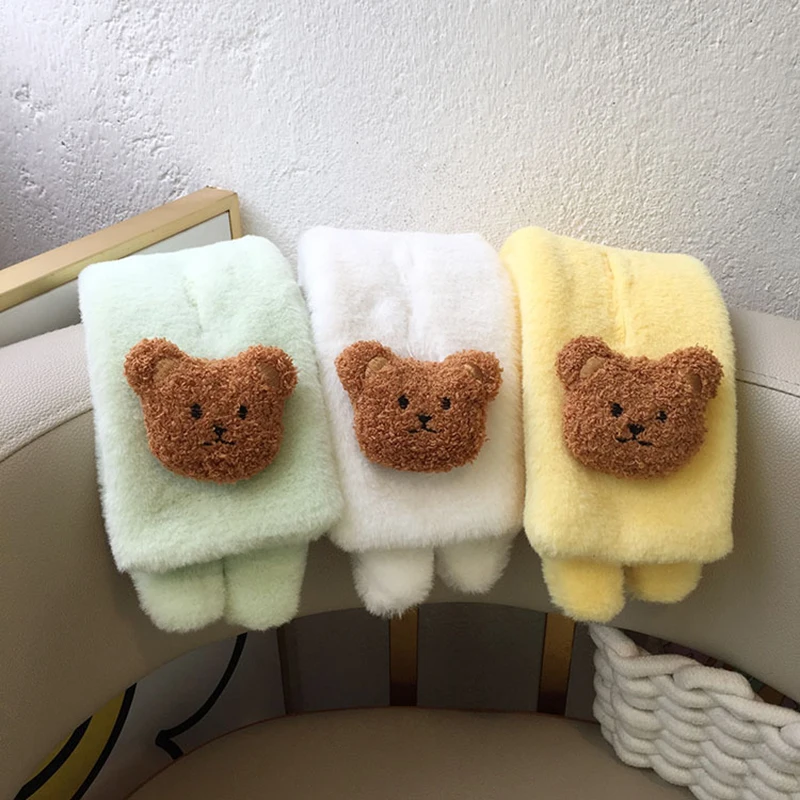 Cartoon Bear Baby Scarf Autumn Winter Warm Soft Plush Scarves For Boys Girls Korean Kids Cross Neckerchief