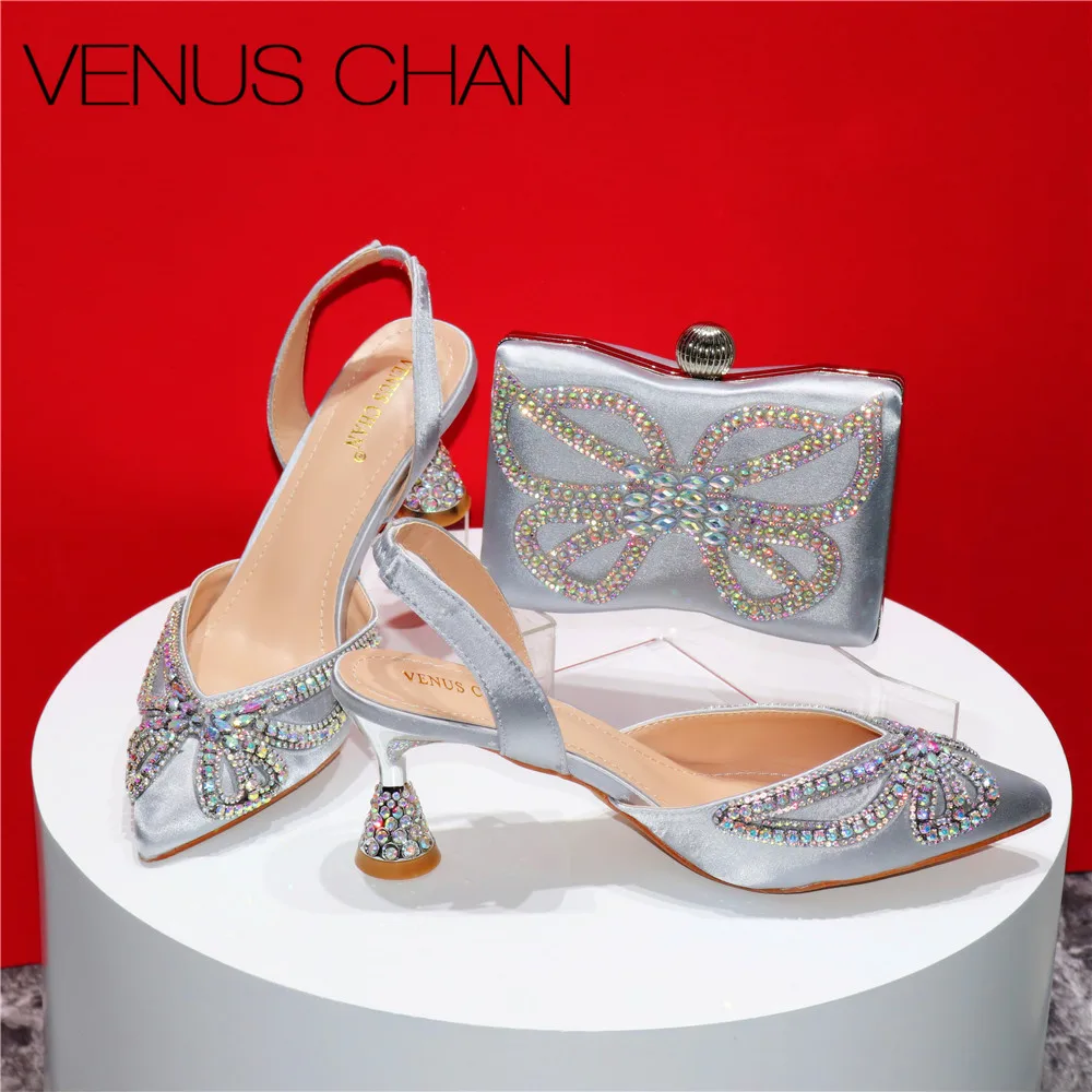 

Nigerian Women Party Special Heels Butterfly Gems Diamond Design Fashion Summer Sandals Wedding Ladies Shoes and Bag Set