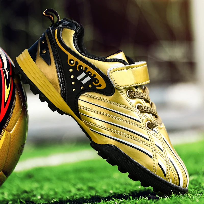 Kids Shoes Gold Children's Soccer Shoes Low Hook-Loop Futsal Shoes For Kids Lightweight Anti-Skid Football Training Boy