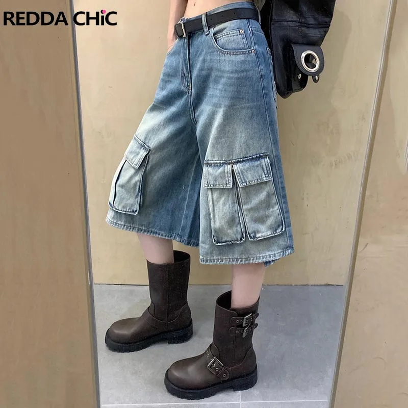 Женские джинсовые шорты ReddaChic, повседневные широкие шорты из денима с принтом в виде потертостей, с большими карманами, рабочая одежда в винтажном стиле