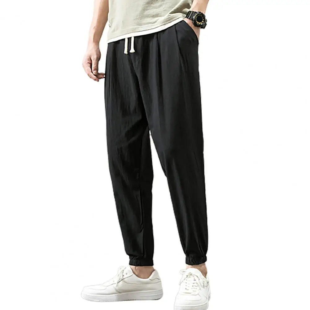 

2023 Men Pants Mid-Rise Drawstring Harem Pants Pockets Thin Long Sweatpants Summer Streetwear