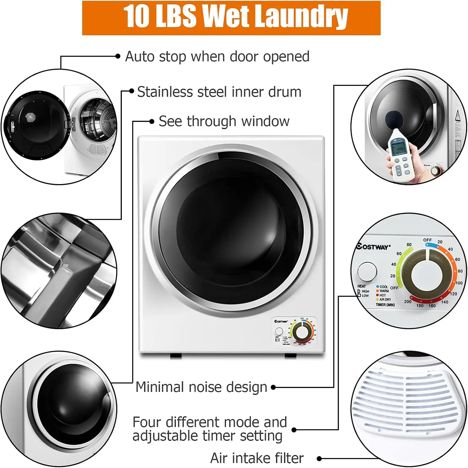 Electric Portable Clothes Stainless Steel Tub Laundry Dryer, for 4 Automatic Drying Mode, White 4