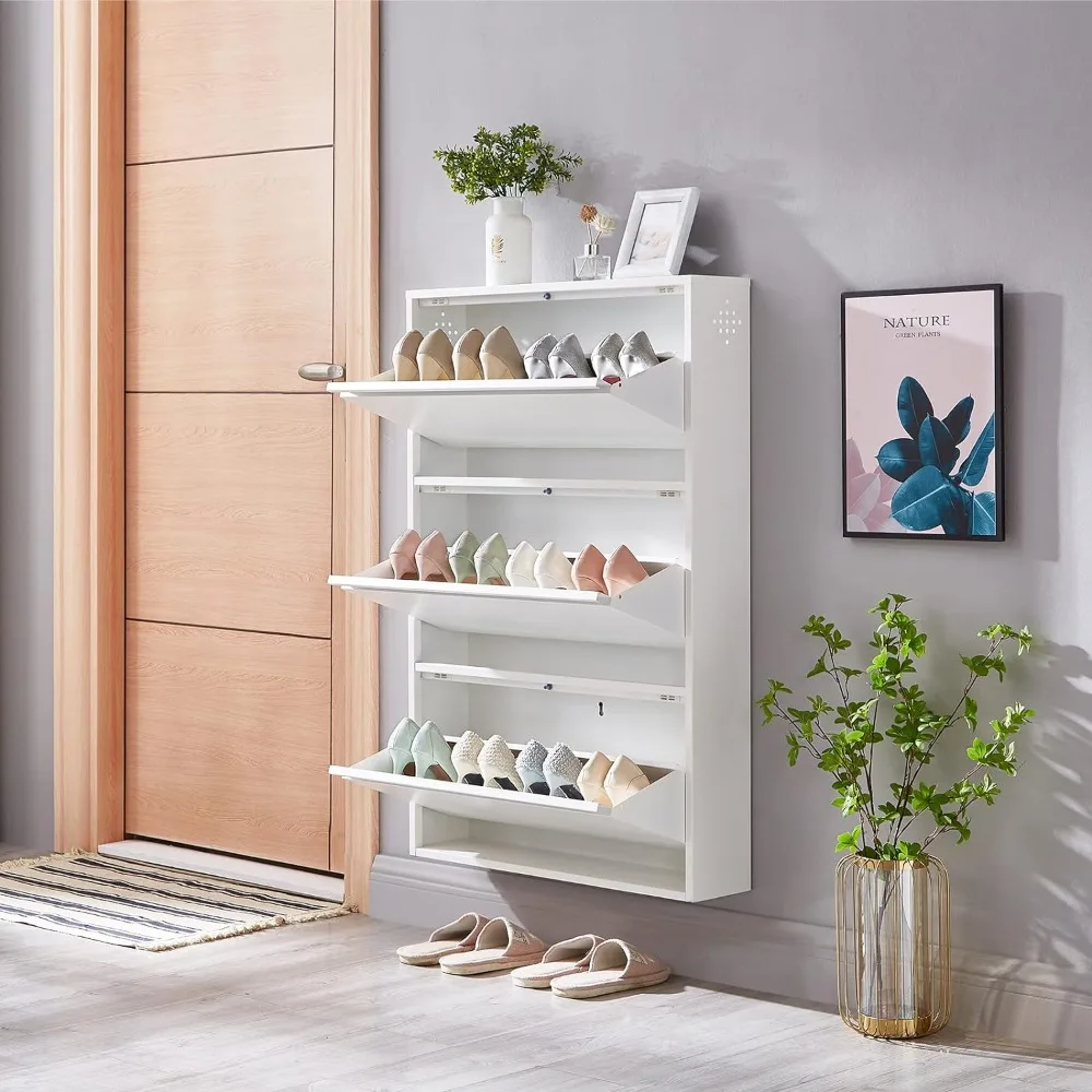

3 Drawers Shoe Storage Cabinet Wall Mounted & No-Assembly 25“ Metal Shoe Cabinet for Entryway, Holds 12 Pair Shoes Free Shipping