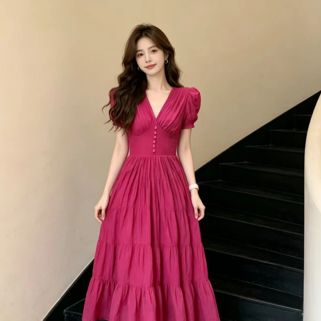 여행 해변 휴가 스타일 아름다운 미니 드레스 핑크 맥시 스커트 여성 여름 하이웨이스트 한국 스타일 반팔 V넥
