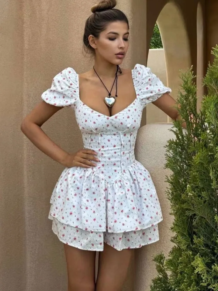 Square Neck Puff Sleeve Elegant Women's Dress 2025 Summer Fashion Back Waist Tie Print Dress Short Female Vestidos