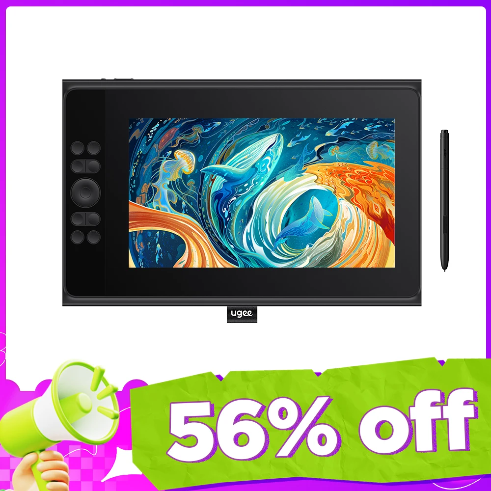 UGEE UE12 플러스 디지털 펜 태블릿 모니터, 11.9 HD 스크린, 127% sRGB 8192 그래픽 드로잉 태블릿, 윈도우, 맥, 안드로이드 지지대 