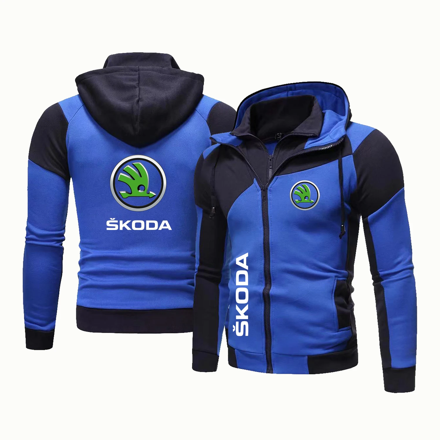 Men's Colored Hooded Cardigan Jacket With Car Double Zip Hooded Sweatshirt Motorcycle Racing Warm Casual Jacket Men's
