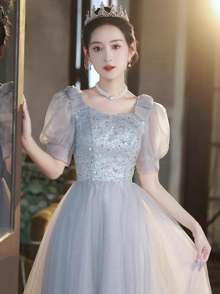 

Женское вечернее банкетное платье, элегантное серое платье во французском стиле с рукавами-фонариками и квадратным вырезом, изысканное элегантное платье для выпускного вечера