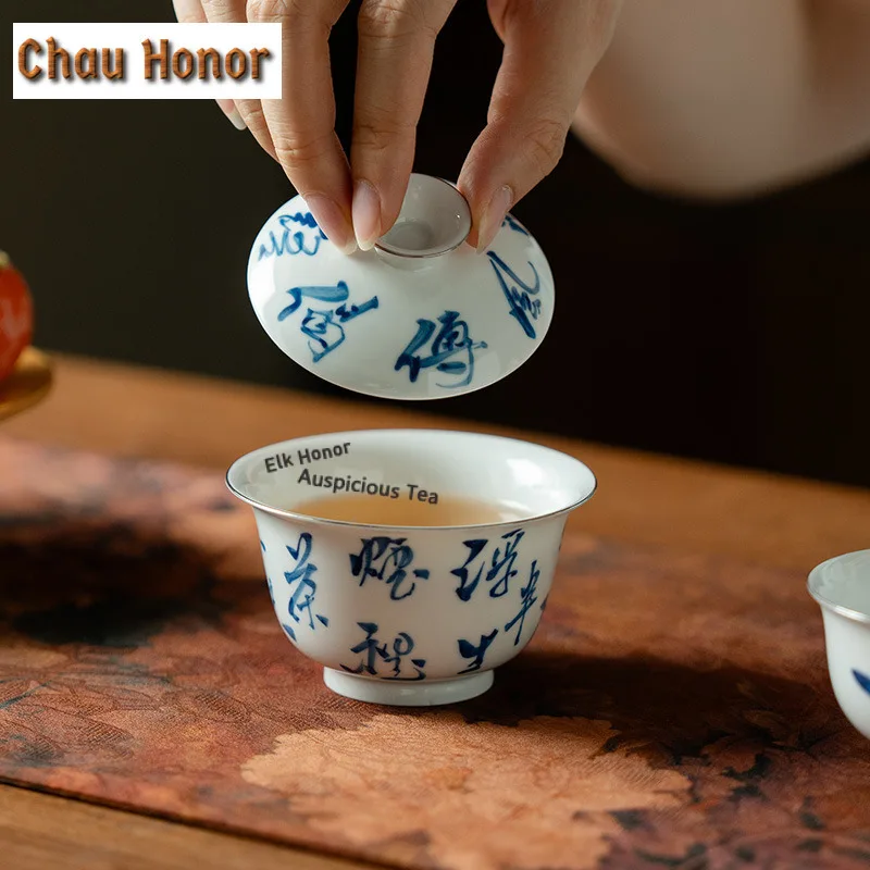 150ml Handwritten Poetic Tracing Silver Ceramic Gaiwan Japanese Tea Tureen Tea Bowl With Lid Kit Tea Brewing Cover Bowl Teaware