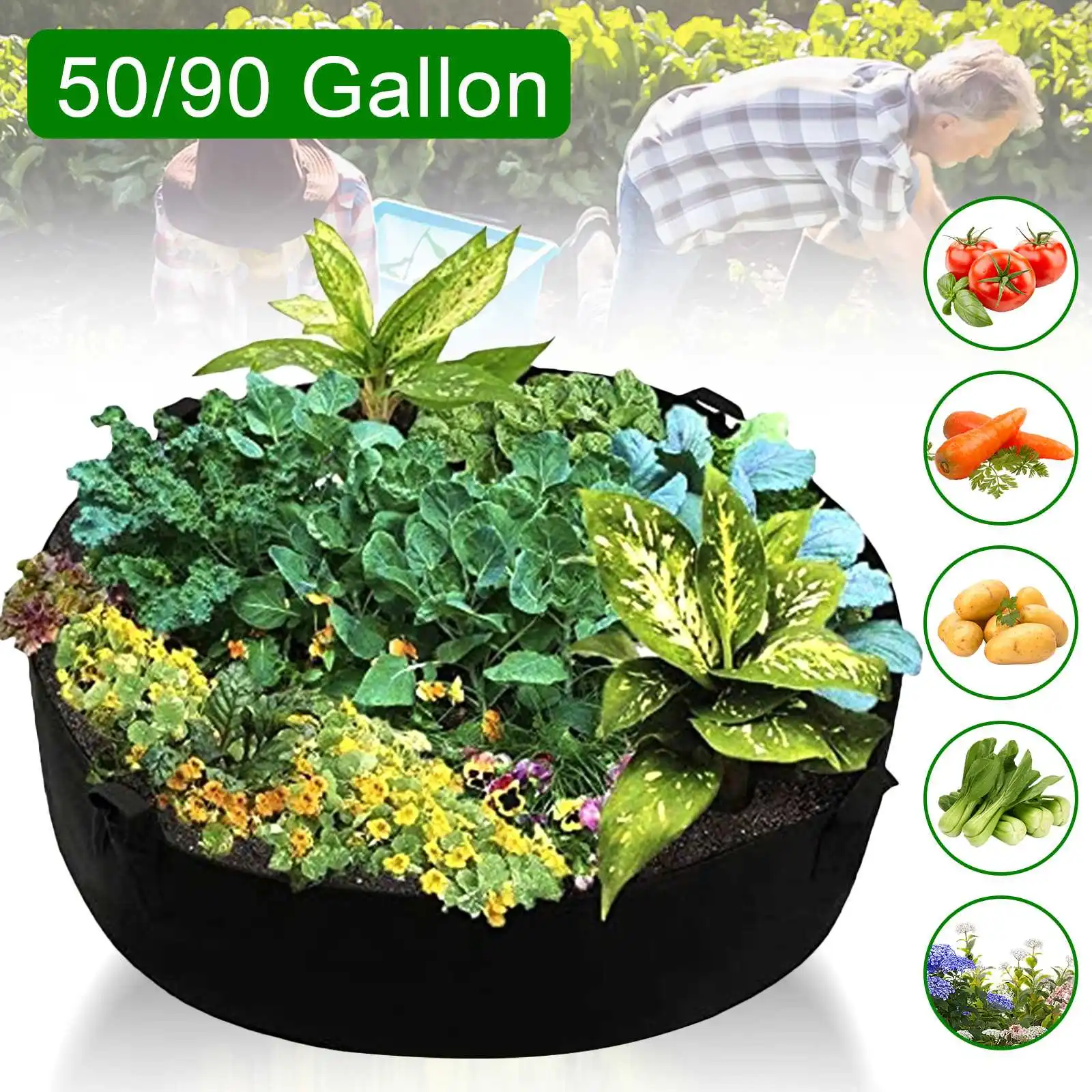 

50/100 Gallon Garden Bed Round Planting Container Fabric Plant Pot Raised Grow Bags Breathable Felt Fabric Planter Nursery Pot