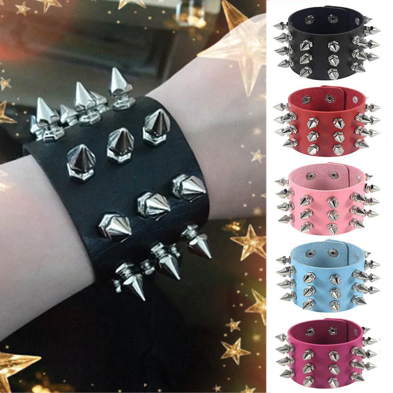 Leather Bracelet Vintage Three Row Cuspidal Spikes Rivet Stud Wide Cuff PU Punk Gothic Rock Unisex Men Jewelry