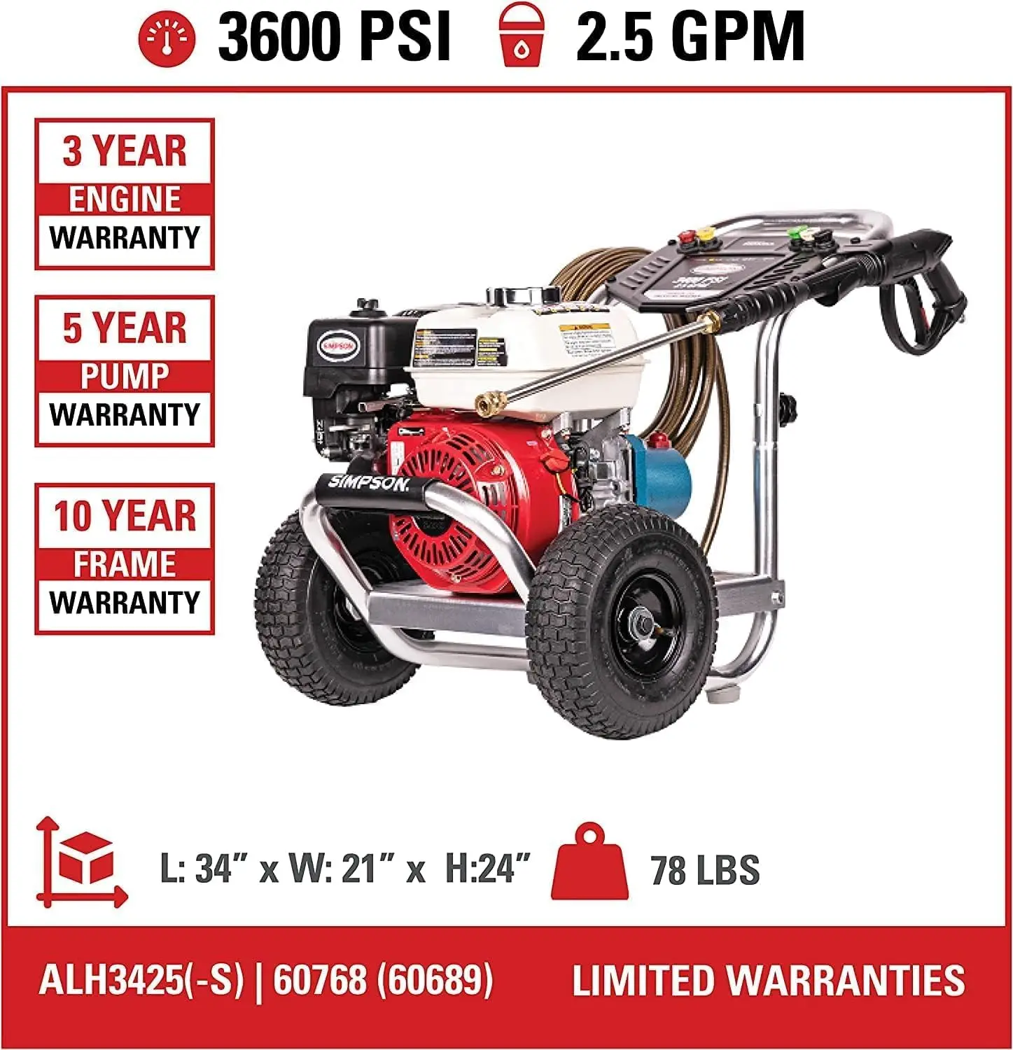 Cleaning ALH3425 Aluminum Series 3600 PSI Gas Pressure Washer 2.5 GPM Honda GX200 Engine Includes Spray Gun and Extension
