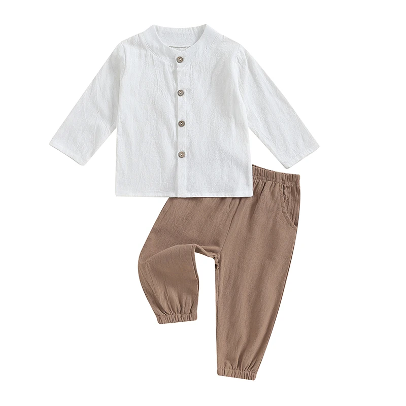 Toddler Baby Boy Casual Clothes Long Sleeve Button-On Shirts and Elastic Waist Long Pants 2PC Lougewear Outfits