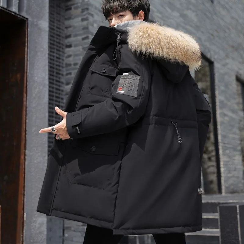 Winter Men down Jacket Mid-Length Workwear Hooded Coat Trendy Thickened Warm Big Fur Collar High-End Cold-Proof Top