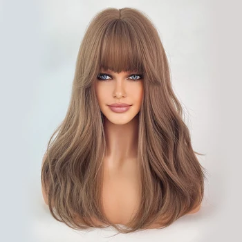 Long Wavy Wig Light Brown Synthetic Wigs with Bangs Natural Hair for Women Cosplay Lolita Daily Use Heat Resistant Wigs 15