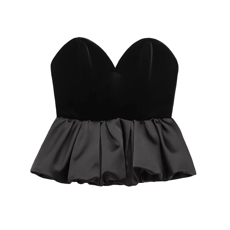 Sexy Off Shoulder Velvet Spliced Tube Top Women Black Backless Strapless Ruched A-line Tank Female 2025 Fashion Lady Party Gown
