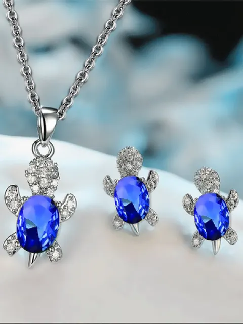 3pcs Silver-plated Necklace Earrings Set Ladies Light Luxury Fashion Style Turtle Shape With Multi Color Glass Diamond 5