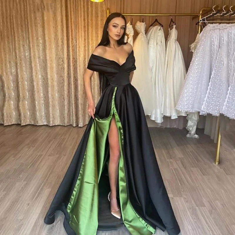 

Black Formal Evening Dress Satin Sexy Off The Shoulder Side Split New Celebrity Party Gowns Floor Length Prom Dressفساتين الح