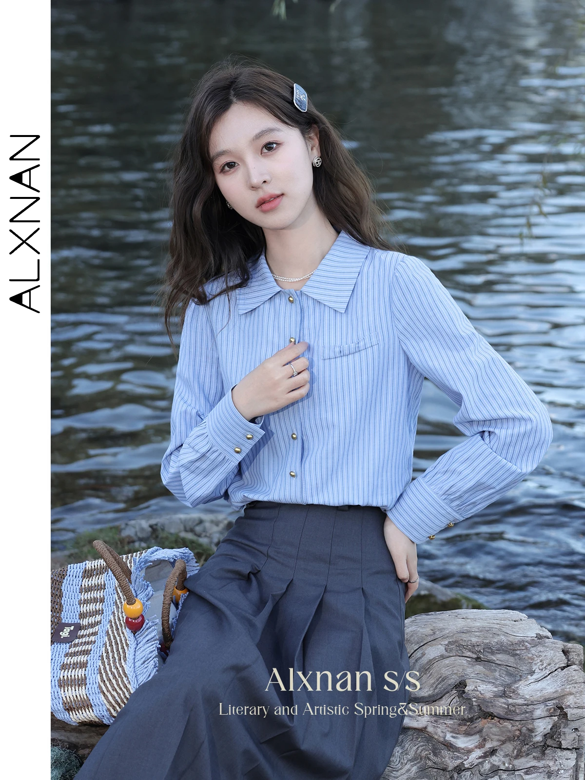 ALXNAN 여성용 스트라이프 긴팔 블라우스, 단추 업 셔츠, 프렌치 캐주얼 턴다운 칼라 상의, L33355, 2024 용수철 신상 
