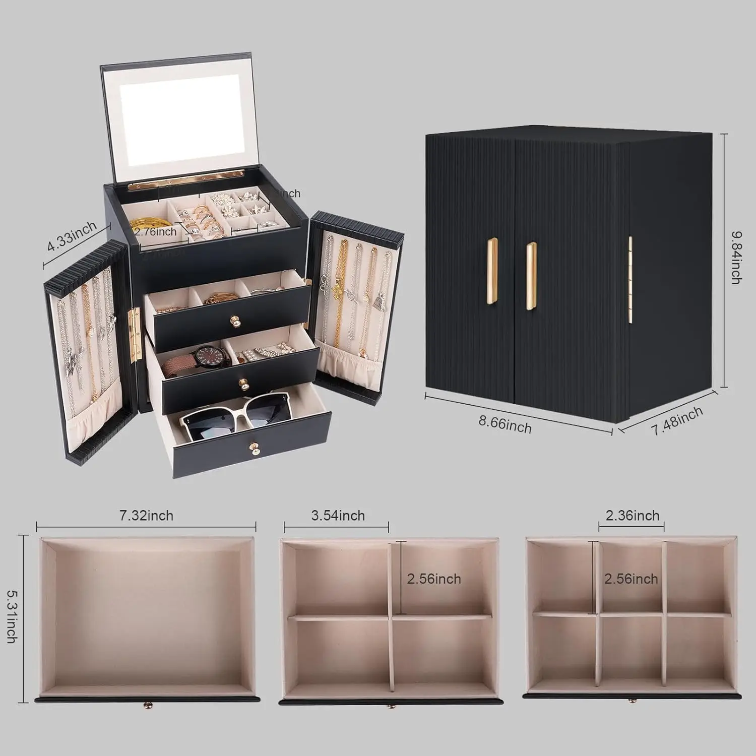 A large jewelry box with 3 drawers, a jewelry storage box for necklaces, rings, bracelets, watches, and mirrors 2