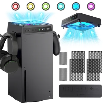 La serie Xbox X con ventole antipolvere presenta strisce luminose colorate, filtri antipolvere, ventole superiori a basso rumore a 3 velocità, refrigeratori
