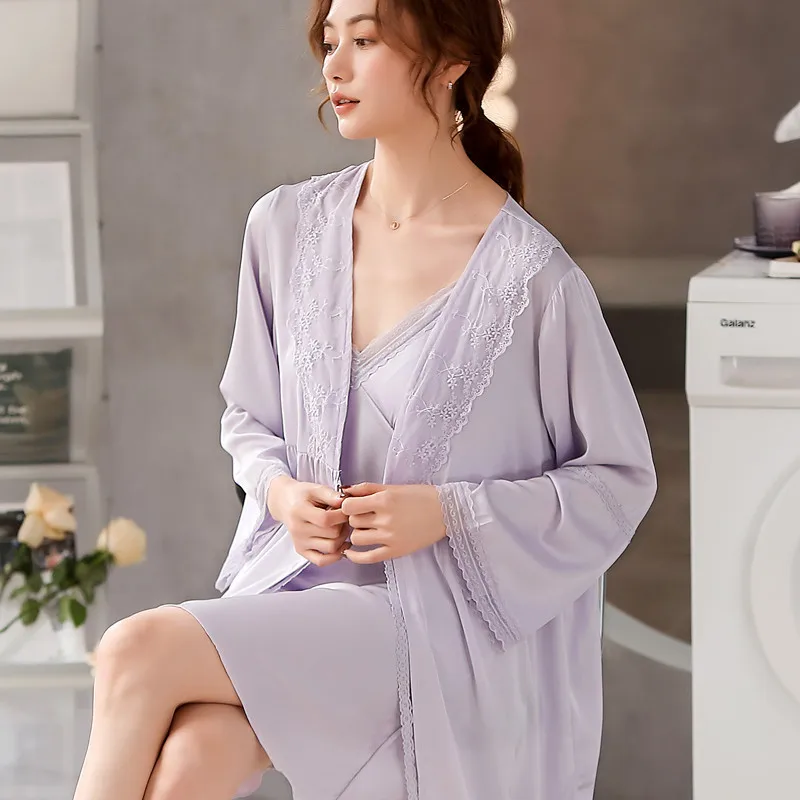 

V-Neck 2PCS Kimono Robe Set Female Nightgown Sexy Lace Satin Bathrobe Loungewear Summer Home Dressing Gown Intimate Lingerie
