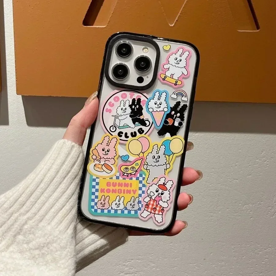 Acrylic Black Border Cartoon Rabibt iPhone 11 12 13 14 15 Pro Max Case - Protective iPhone Case with MagSafe