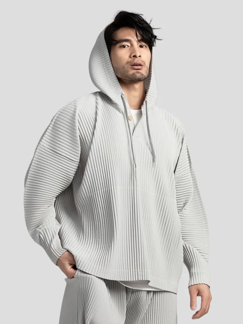 Miyake Pleated Hoodies For Men Breathable Loose Drawstring Casual Top