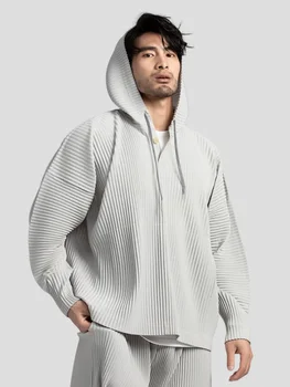 Miyake Pleated Hoodies For Men Breathable Loose Drawstring Casual Top