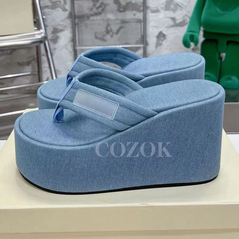 

New Summer Vacation Female Lazy Slippers Appear Thin Thick Bottom Ladies Flip Flops Clip Toe Design Platform Wedges Sandals