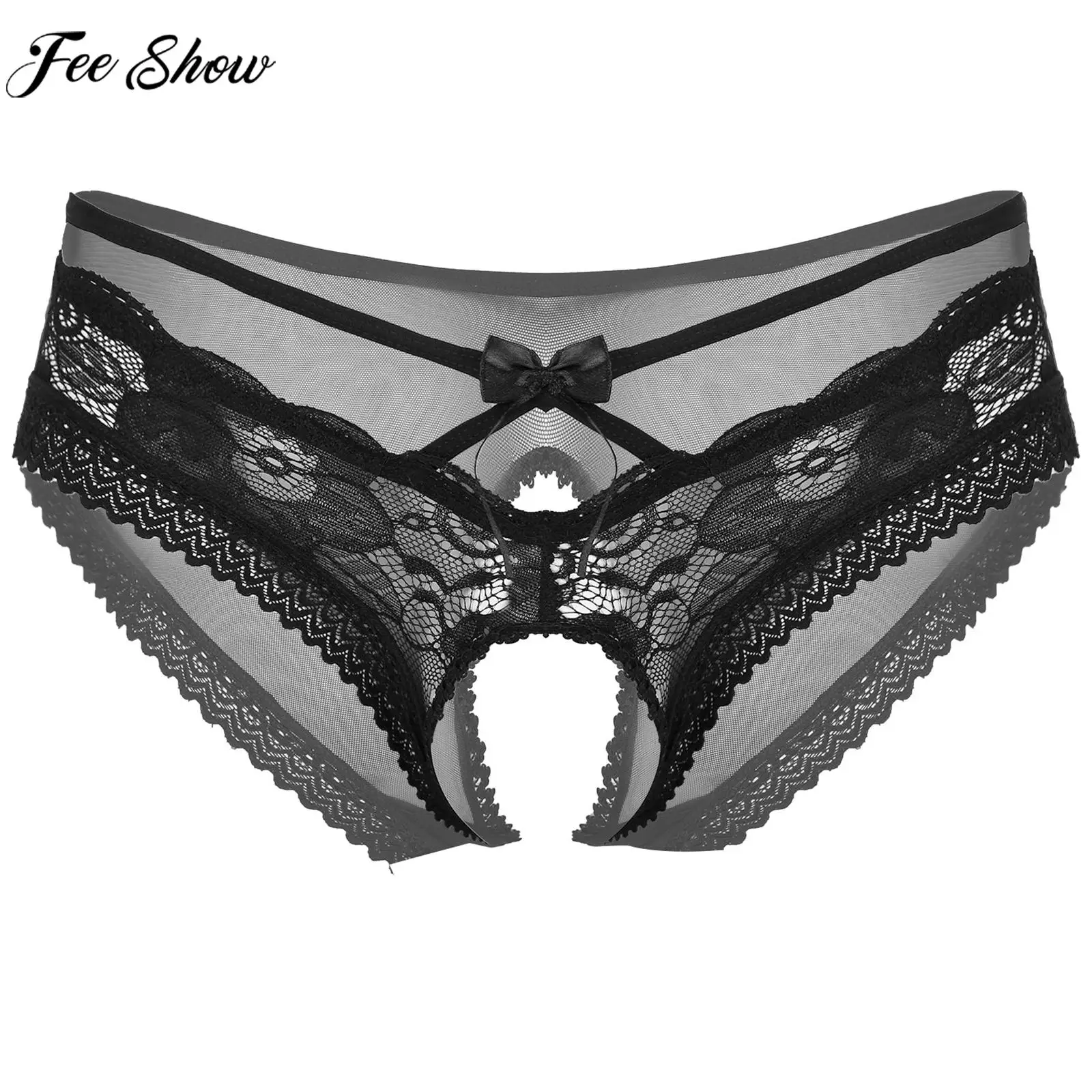 Men Sexy Crotchless Briefs Gay Sissy Lingerie Sheer Lace G-string Panties Bowknot Hollow Out Underpants Underwear Nightwear