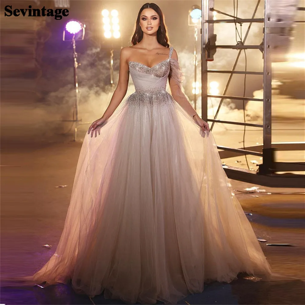 

Sevintage Noble Shiny Tulle Evening Dresses One Shoulder A-Line Formal Women Prom Gown Floor Length Special Occasion Dresses