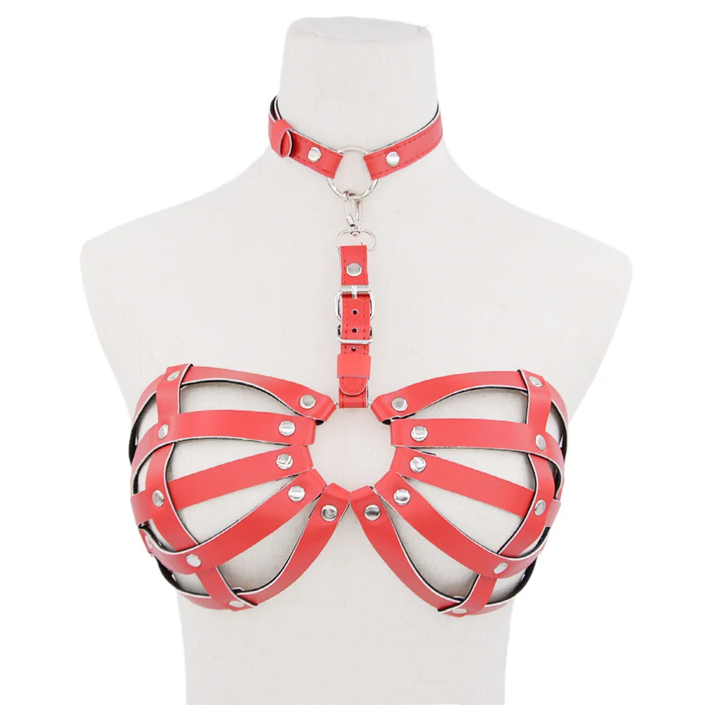 Erotic Underwear Women's Leather Open Cup Bra with Collar Restraint Chest  Waist Bondage Harness Fetish SM Breast Flirt Sex Toys