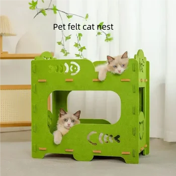 Felt Cat House 2-Layer Scratching Board Indoor Multi-Functional Pet Bed Removable Washable Breathable for Large Cats Kittens 1