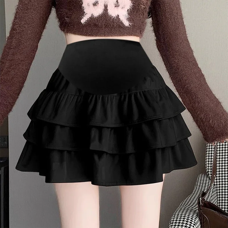 Autumn Winter Pregnant Woman Belly Skirts Sweet High Wiast Maternity Ball Gown Skirt Ruffls Patchwork Pregnancy Cake Skirts Cute