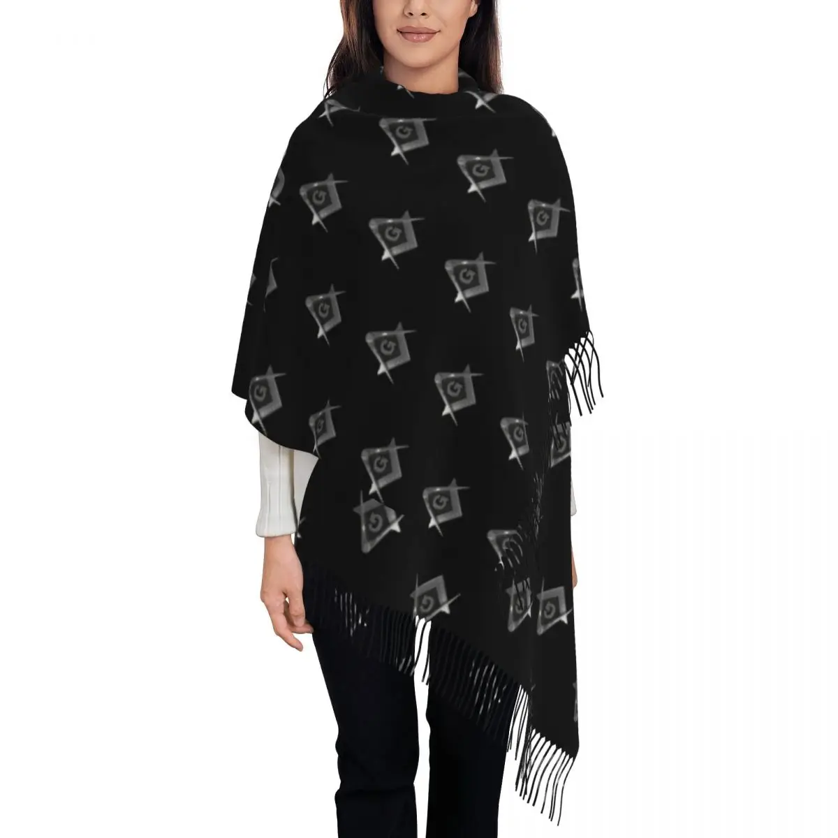 

Compass Masonic Freemason Silver Black Square Scarf for Womens Pashmina Shawl Wrap Long Scarves with Tassel for Evening Dress