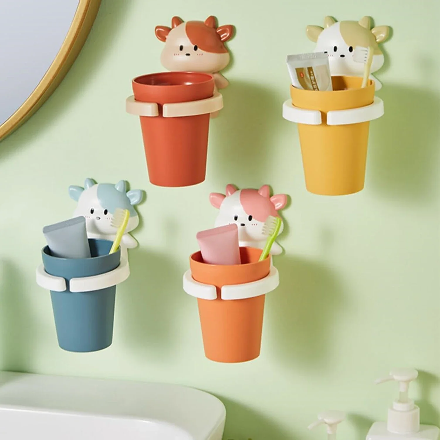 Cute Little Cow Toothbrush Cup Holder Wall Mounted