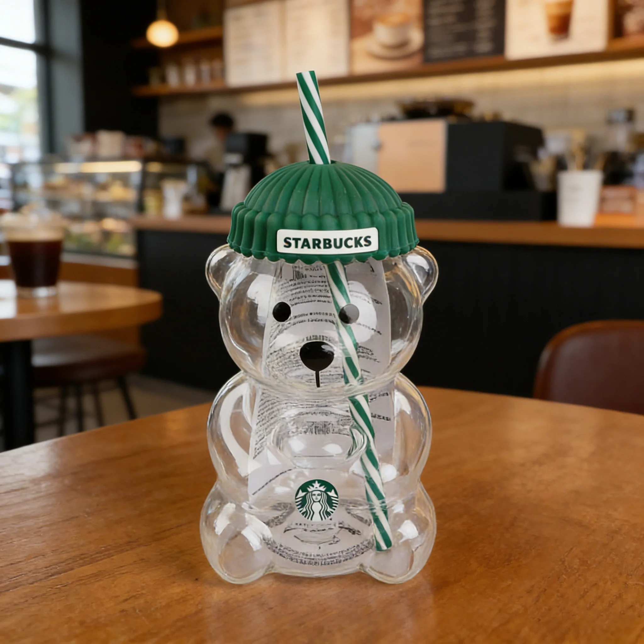 Bearista Bear Straw Tumbler - 591ml Clear Glass with Green Lid