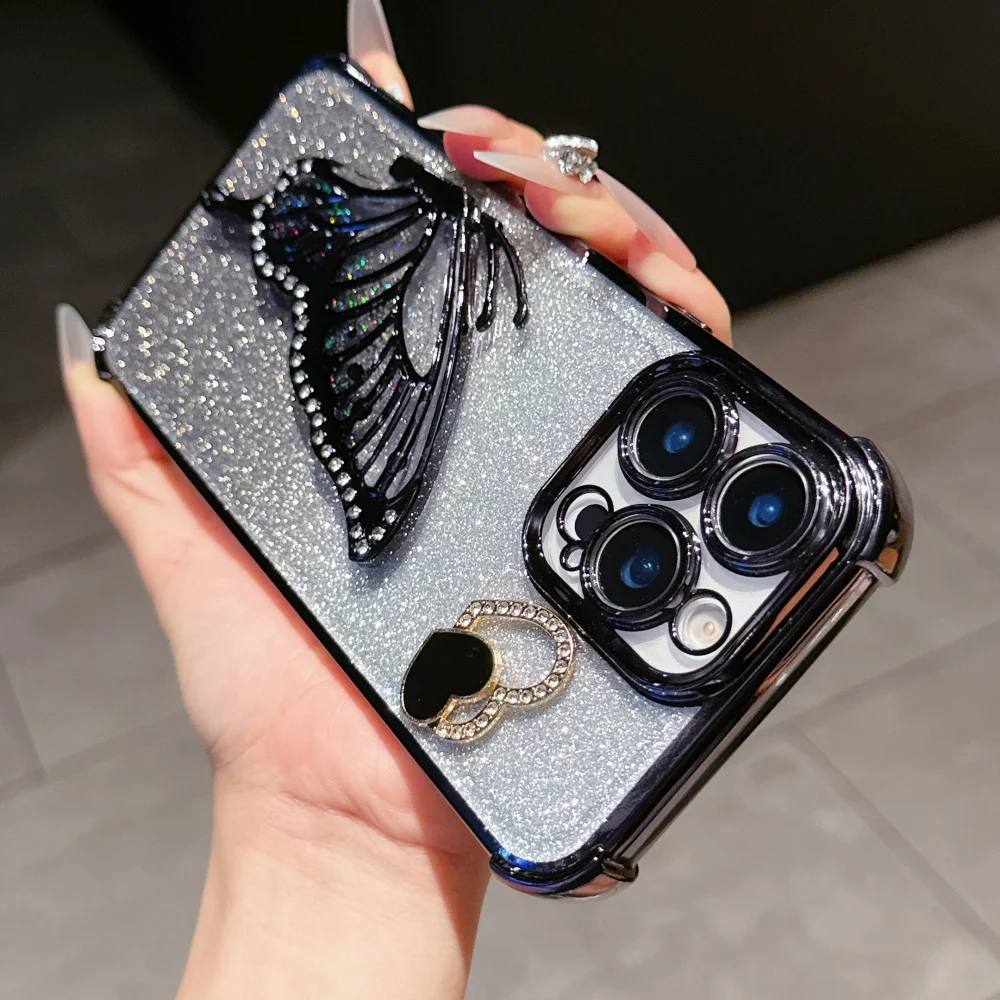 Elegant Butterfly Bracket Crystal Chain Phone Case - Luxury Protective Cover