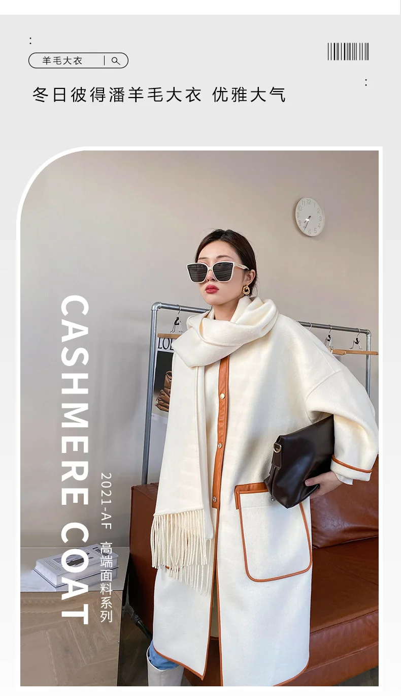 hooded puffer jacket "Anfiouna" 21 autumn and winter new sheepskin wrapped scarf design double-sided cashmere long tweed coat women hooded puffer jacket