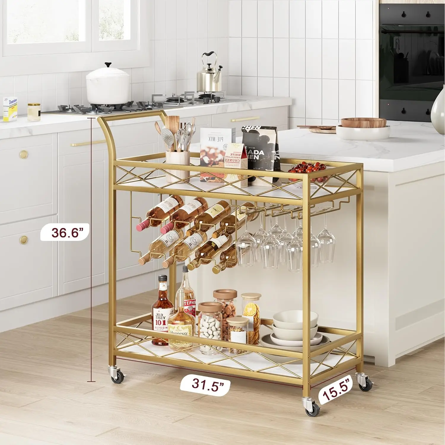 Gold Bar Cart, 2 Tier Bar Carts for The Home, Bar Carts with 4 Wheels, White Marble Finish Wood Shelf, Wine Rack & Glass Holder