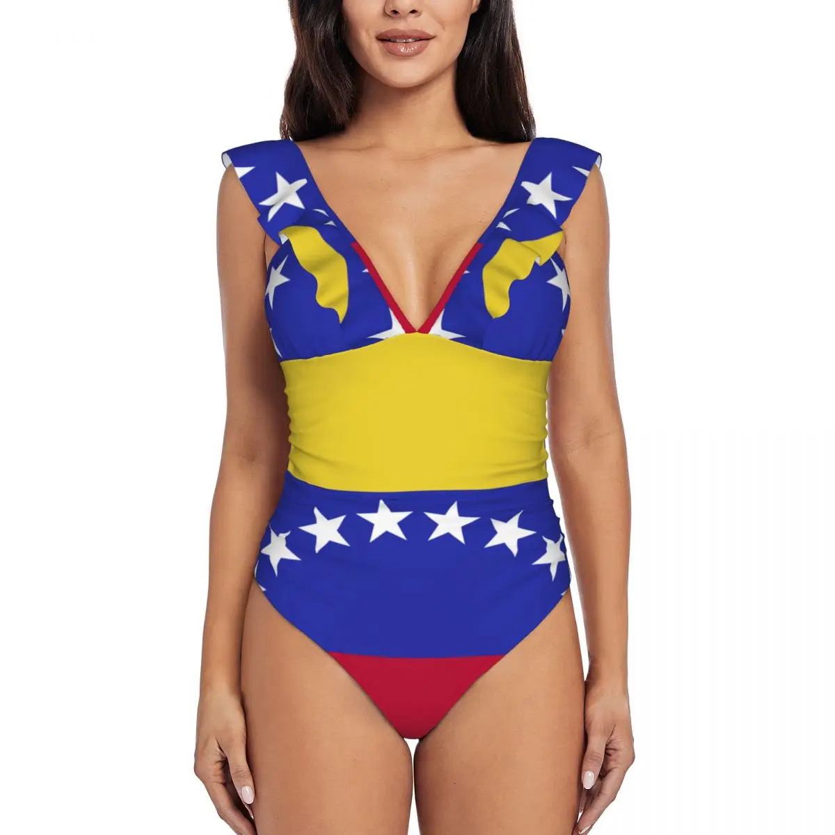 

Sexy One Piece Swimsuit 2024 Women Ruffled Swimwear Venezuela Flag Monokini Female Bodysuit Girl Beach Bathing Suit