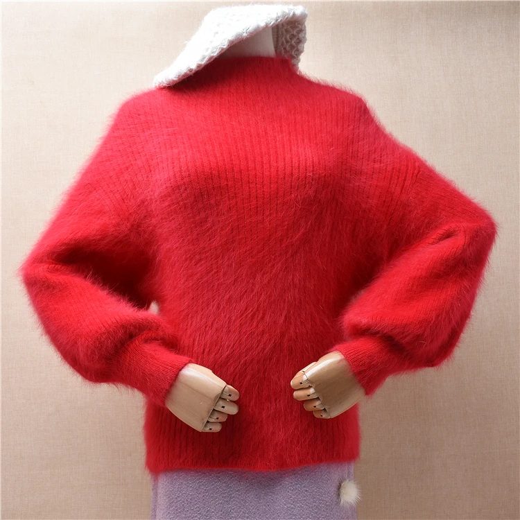

Female Women Fall Winter Red Striped Hairy Mink Cashmere Knitted Turtleneck Long Lantern Sleeves Slim Blouses Pullover Sweater