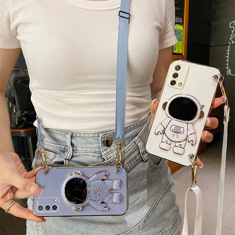 Crossbody Lanyard Plating Case with Silicone Astronaut Holder Cover