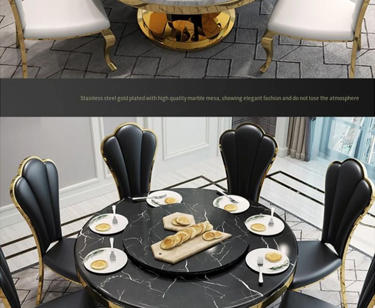 Description Picture 4 of itemNew Top Round Dining Table Set 6 Chairs Table Luxury Turntable Center Large Restaurant Modern Simple Stainless Steel Furniture