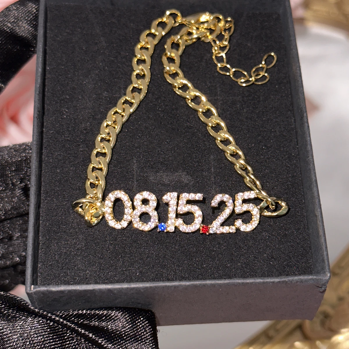 Custom Zircon Date Bracelet Colored Birthday Stone Date Bracelet with Thick Cuban Chain Shiny Memory Bracelet Birthday Gift