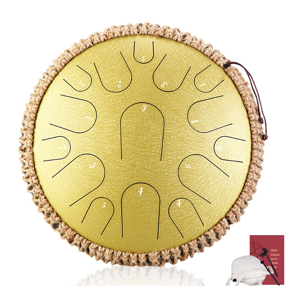 13 Inch 15 Tone Drum Steel Tongue Drum with Handbag Drumsticks Percussion Psychotherapy Meditation Instrument Gift for Beginner