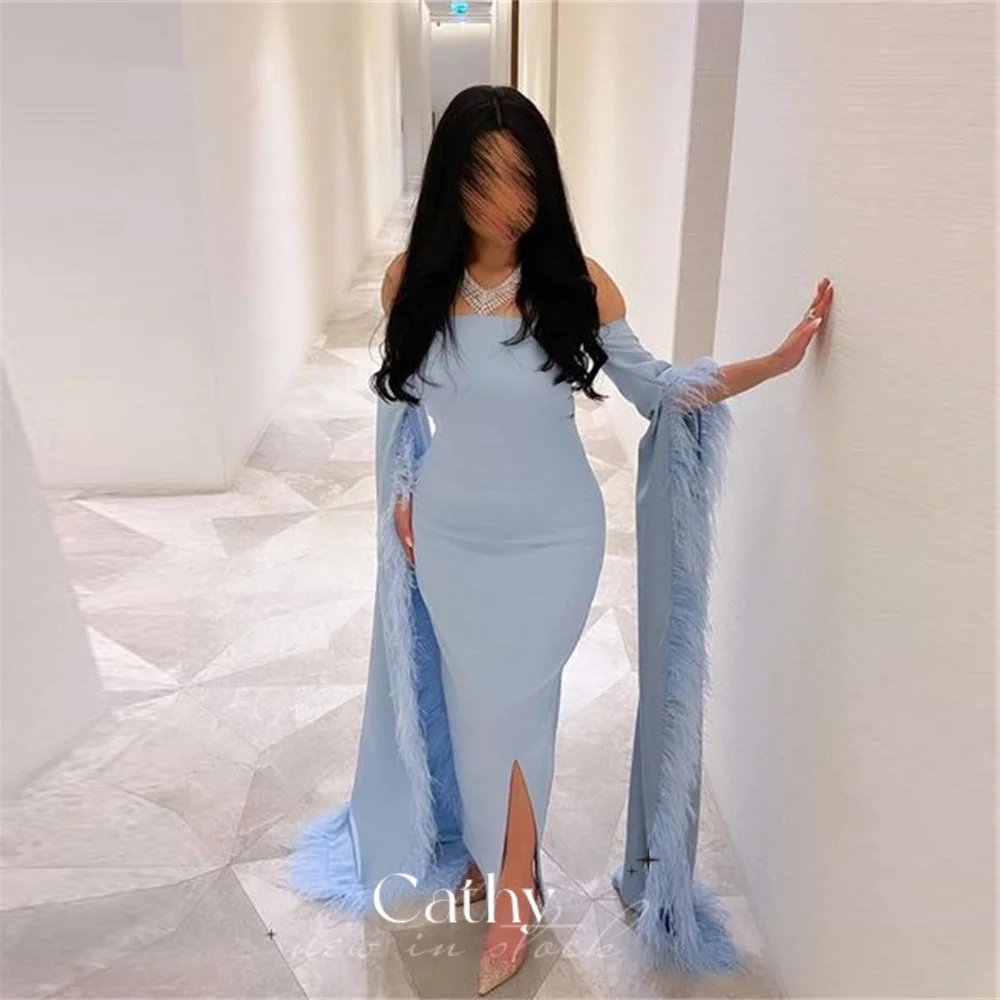 

Cathy Baby Blue Chiffon Prom Dress Cape Feather Sleeve Evening Dress Trumpet فساتين مناسبة رسمية Strapless Mermaid Party Dress